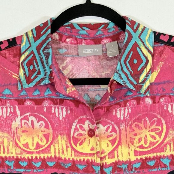 Chico's Rainbow Elephant Safari Button Front Shirt Top Women's Sz 1 Medium 8 - Picture 2 of 6